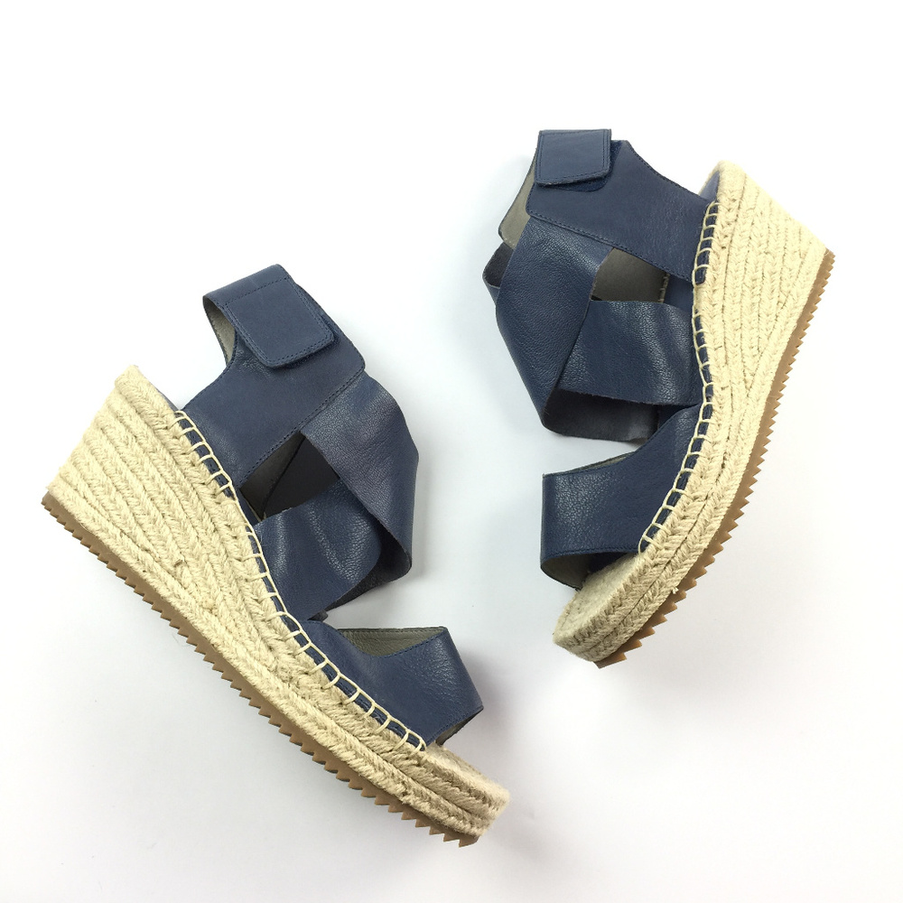 Eileen Fisher Navy Blue Leather Espadrille Wedge Sandals - Picture 2 of 8